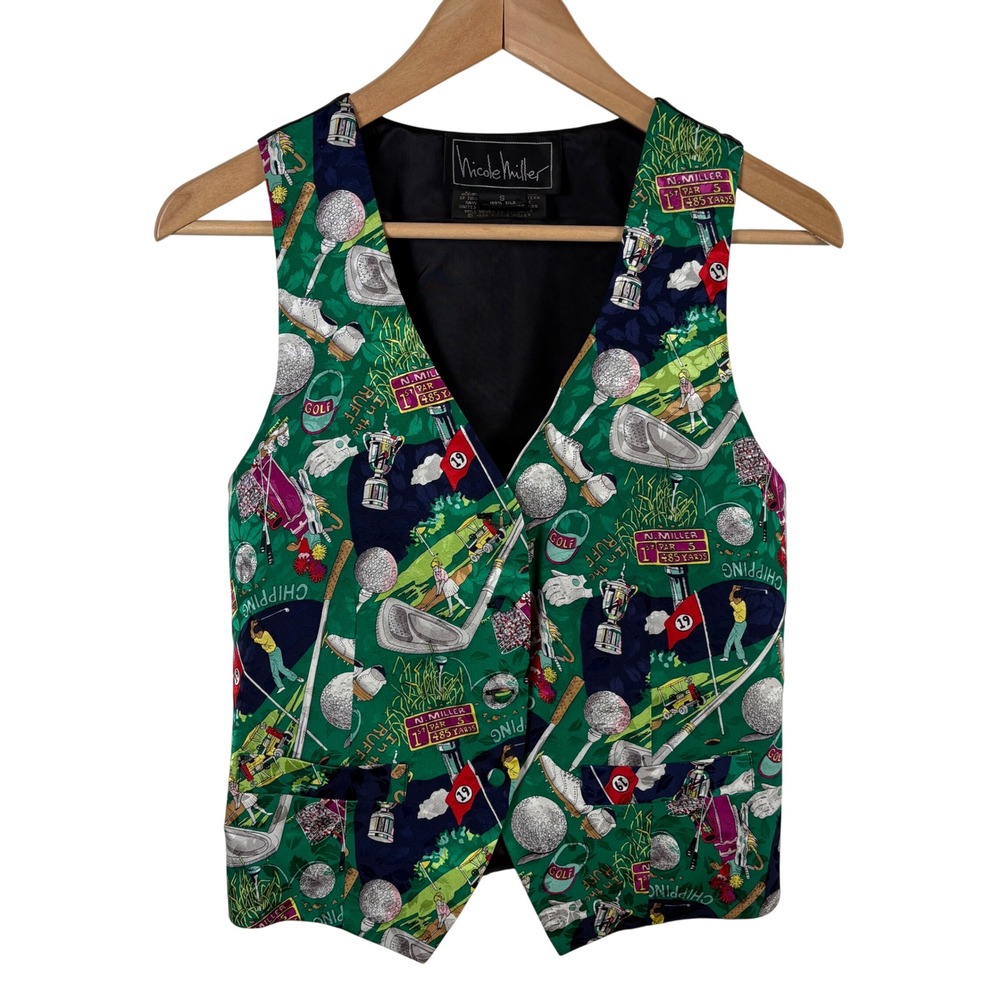 Vtg Nicole Miller Vest S Green Silk Golf Novelty 1993 Maximalist Kitsch Retro